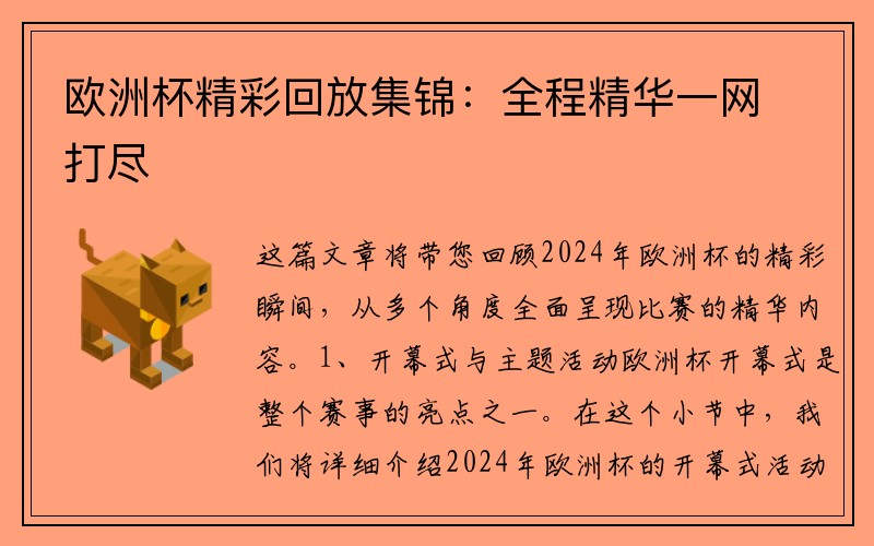欧洲杯精彩回放集锦：全程精华一网打尽