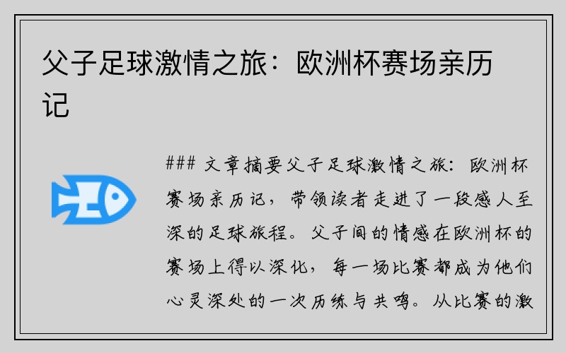 父子足球激情之旅：欧洲杯赛场亲历记